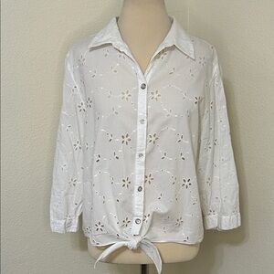 Chico’s Size 2 White Eyelet Button-Up Blouse similar to L 12 or 14